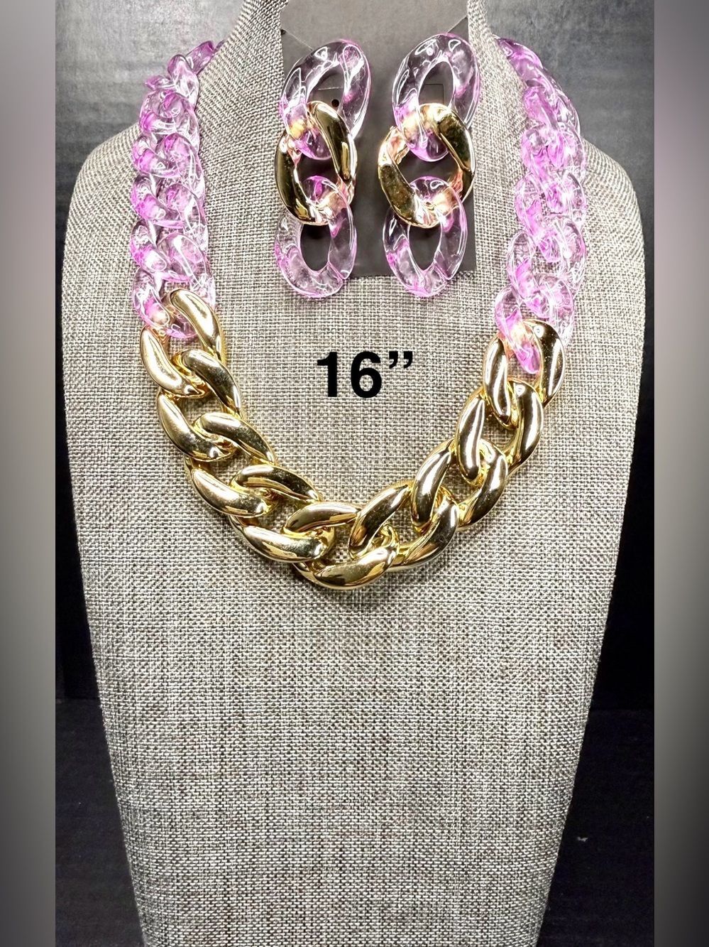 93. Gold Chain Necklace with Pink Resin Links
